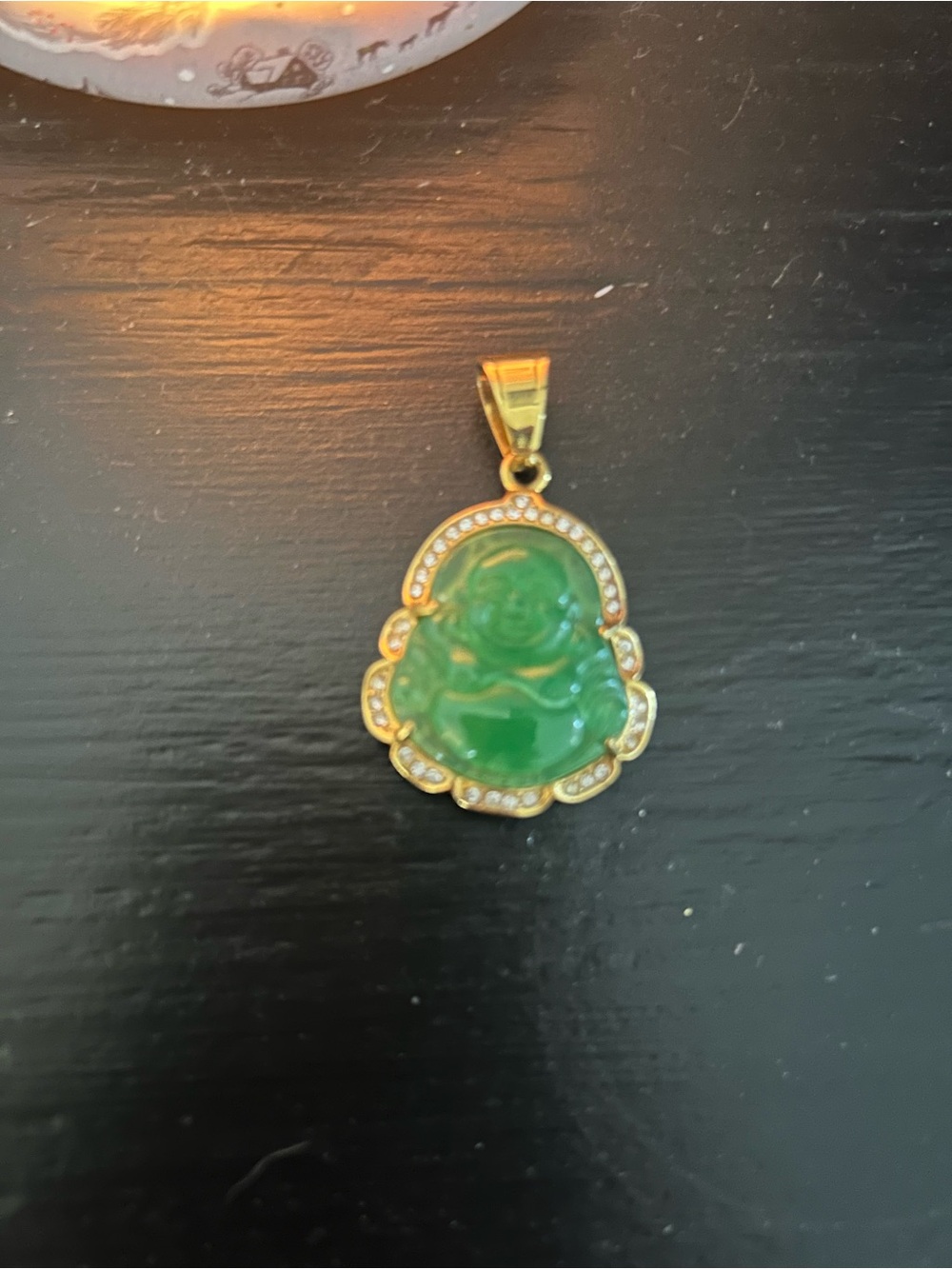 Green Jade Buddha Pendant Necklace in Gold-Tone Setting